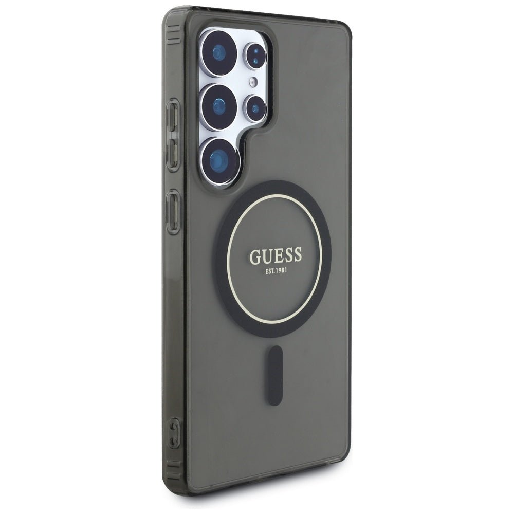 Guess Samsung Galaxy S25 Ultra - Glitter Circle Classic Logo - MagSafe Σκληρή Θήκη με Πλαίσιο Σιλικόνης - Black - GUHMS25LHFGEREK