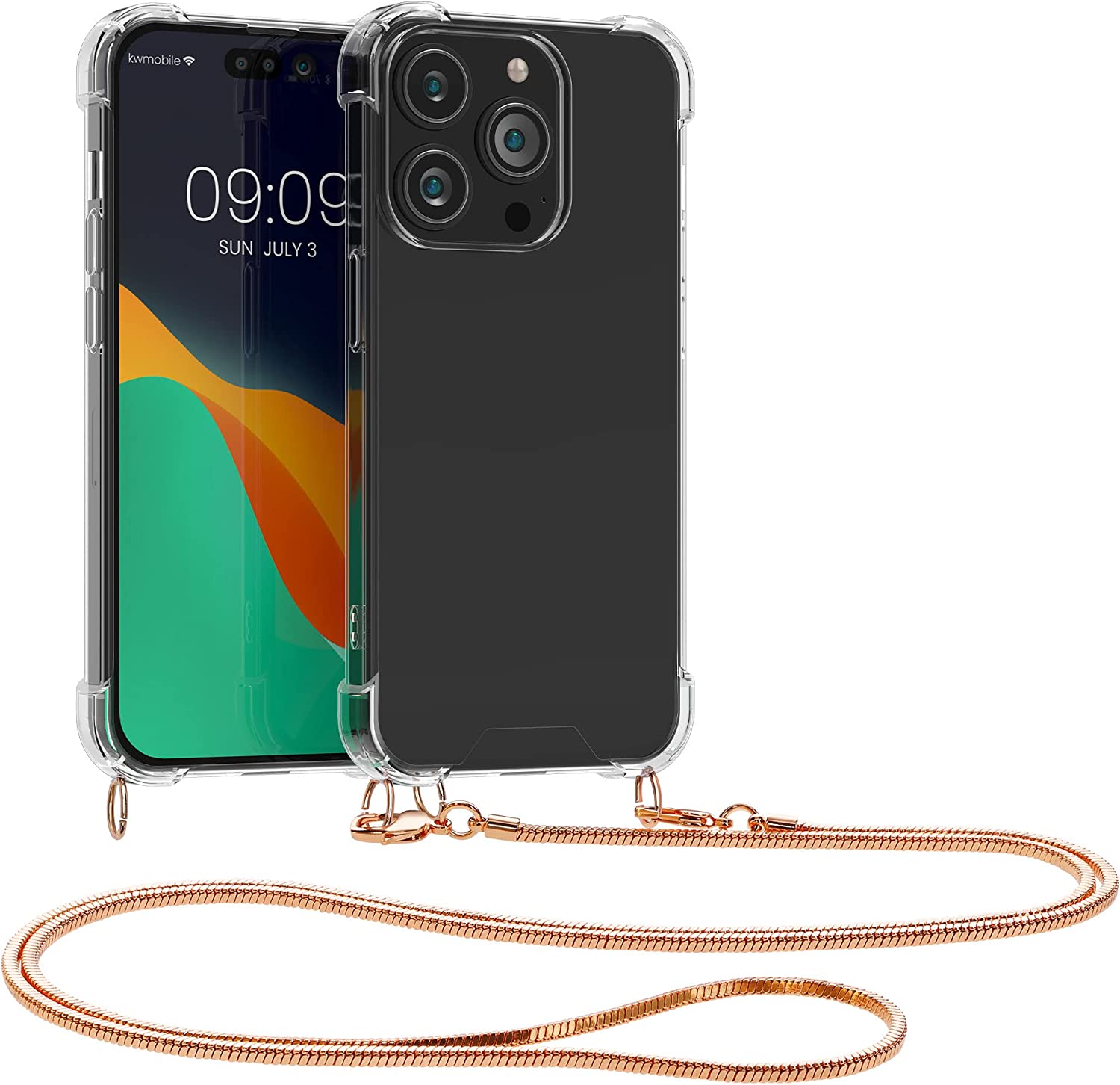 KW iPhone 14 Pro Θήκη Σιλικόνης TPU με Μεταλλικό Λουράκι - Διάφανη / Rose Gold - 59104.81