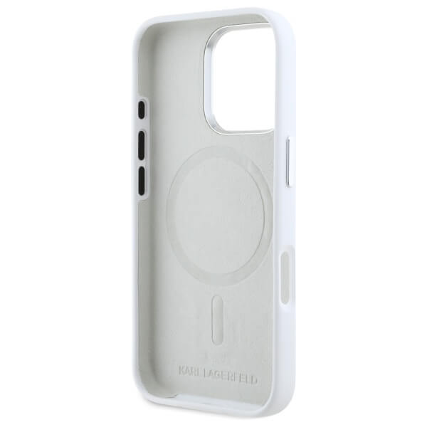 Karl Lagerfeld iPhone 16 Pro - Silicone Initial Metal Logo - MagSafe Σκληρή Θήκη με Πλαίσιο Σιλικόνης - White - KLHMP16LSCMKMPCH