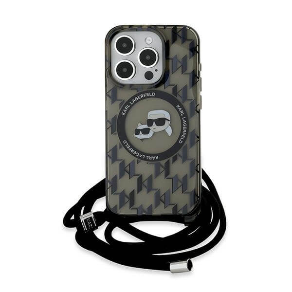 Karl Lagerfeld iPhone 15 Pro Max - IML Crossbody Monogram Karl and Choupette Head - MagSafe Σκληρή Θήκη με Πλαίσιο Σιλικόνης και Λουράκι - Black - KLHMP15XHCKCKLCK