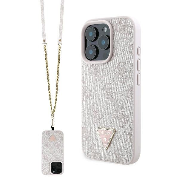 Guess iPhone 16 Pro Max - Leather Metal Logo Strass Crossbody - Θήκη με Επένδυση Συνθετικού Δέρματος και Λουράκι - Pink - GUHCP16XP4TDSCPP