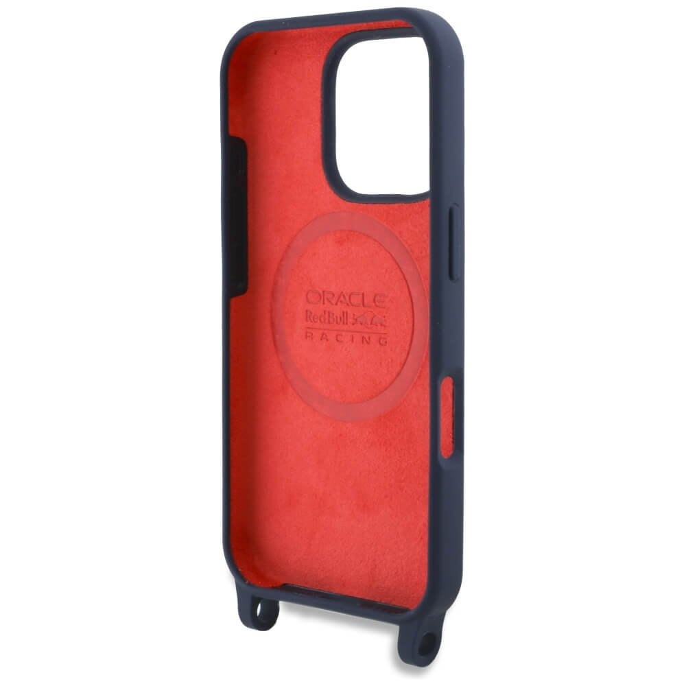 Red Bull iPhone 16 Pro Max - Silicone Strap and Vertical Logo - MagSafe Σκληρή Θήκη με Πλαίσιο Σιλικόνης και Λουράκι - Navy Blue - RBHMP16X24SISOLRV
