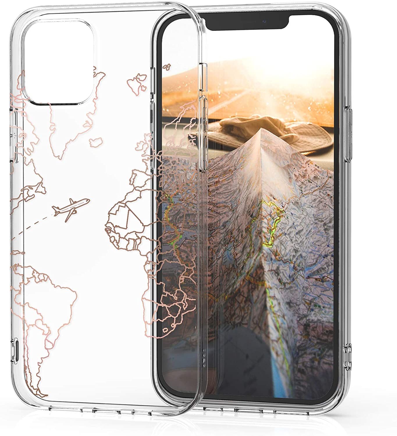 KW iPhone 12 / iPhone 12 Pro Θήκη Σιλικόνης TPU Design Travel and Explore - Διάφανη / Rose Gold - 53035.06