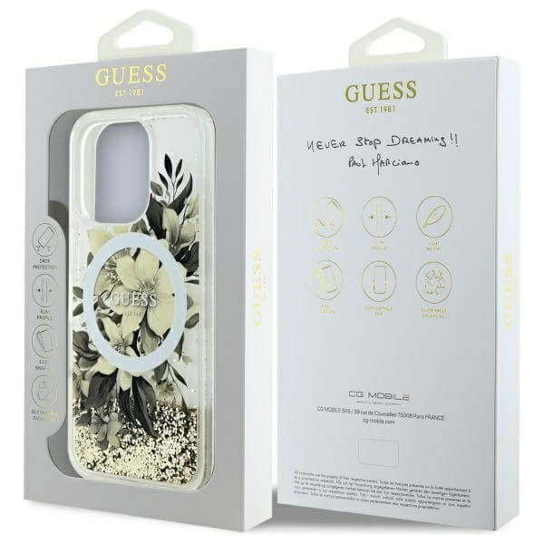 Guess iPhone 16 Pro - Liquid Glitter Flower MagSafe - Σκληρή Θήκη με Πλαίσιο Σιλικόνης - Beige - GUHMP16LLFMWTE