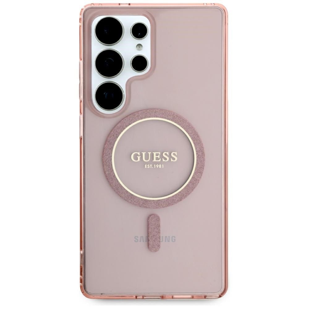 Guess Samsung Galaxy S25 Ultra - Glitter Circle Classic Logo - MagSafe Σκληρή Θήκη με Πλαίσιο Σιλικόνης - Pink - GUHMS25LHFGEREP