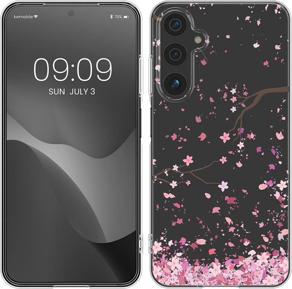 KW Samsung Galaxy A15 4G / A15 5G Λεπτή Θήκη Σιλικόνης TPU - Design Cherry Blossom Petals - Pink / Dark Brown / Διάφανη