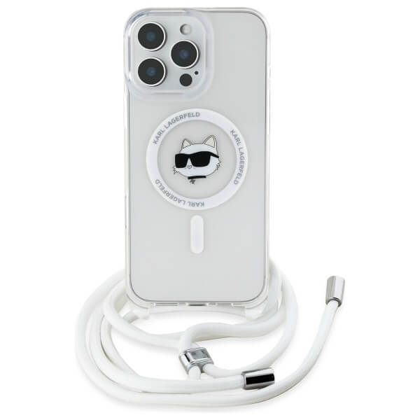 Karl Lagerfeld iPhone 16 Pro Max - IML Choupette Head and Cord - MagSafe Σκληρή Θήκη με Πλαίσιο Σιλικόνης και Λουράκι - Διάφανη - KLHMP16XHCCHNT