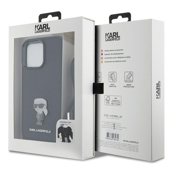 Karl Lagerfeld iPhone 15 Pro Max - Crossbody Saffiano Monogram Metal Pin Karl Choupette Σκληρή Θήκη με Επένδυση Συνθετικού Δέρματος και Λουράκι - Black - KLHCP15XSASKNPSK