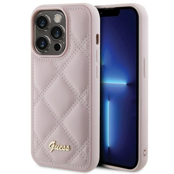 Guess iPhone 15 Pro Max - Quilted Metal Logo Θήκη με Επένδυση Συνθετικού Δέρματος - Pink - GUHCP15XPSQSQSP