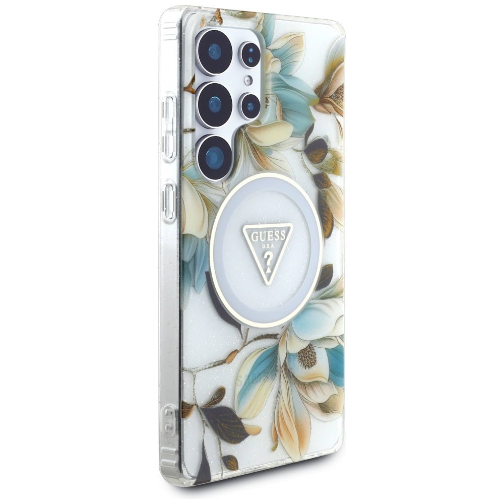 Guess Samsung Galaxy S25 Ultra - Glitter Flowers Triangle Buttons MagSafe - Σκληρή Θήκη με Πλαίσιο Σιλικόνης - White - GUHMS25LHFLPEDH
