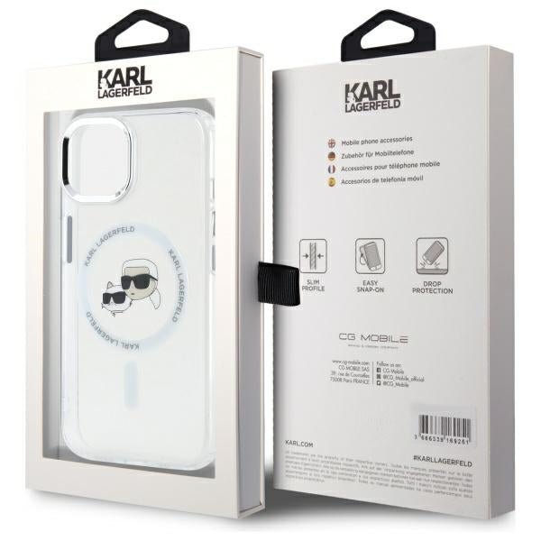 Karl Lagerfeld iPhone 15 - IML Metal Karl and Choupette Head - Σκληρή Θήκη με Πλαίσιο Σιλικόνης και MagSafe - White - KLHMP15SHLSKCH