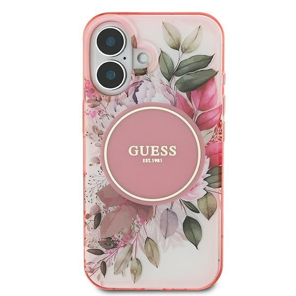 Guess iPhone 16 - IML Flower and Tonal Circle - MagSafe Σκληρή Θήκη με Πλαίσιο Σιλικόνης - Pink - GUHMP16SHFWBDCEP