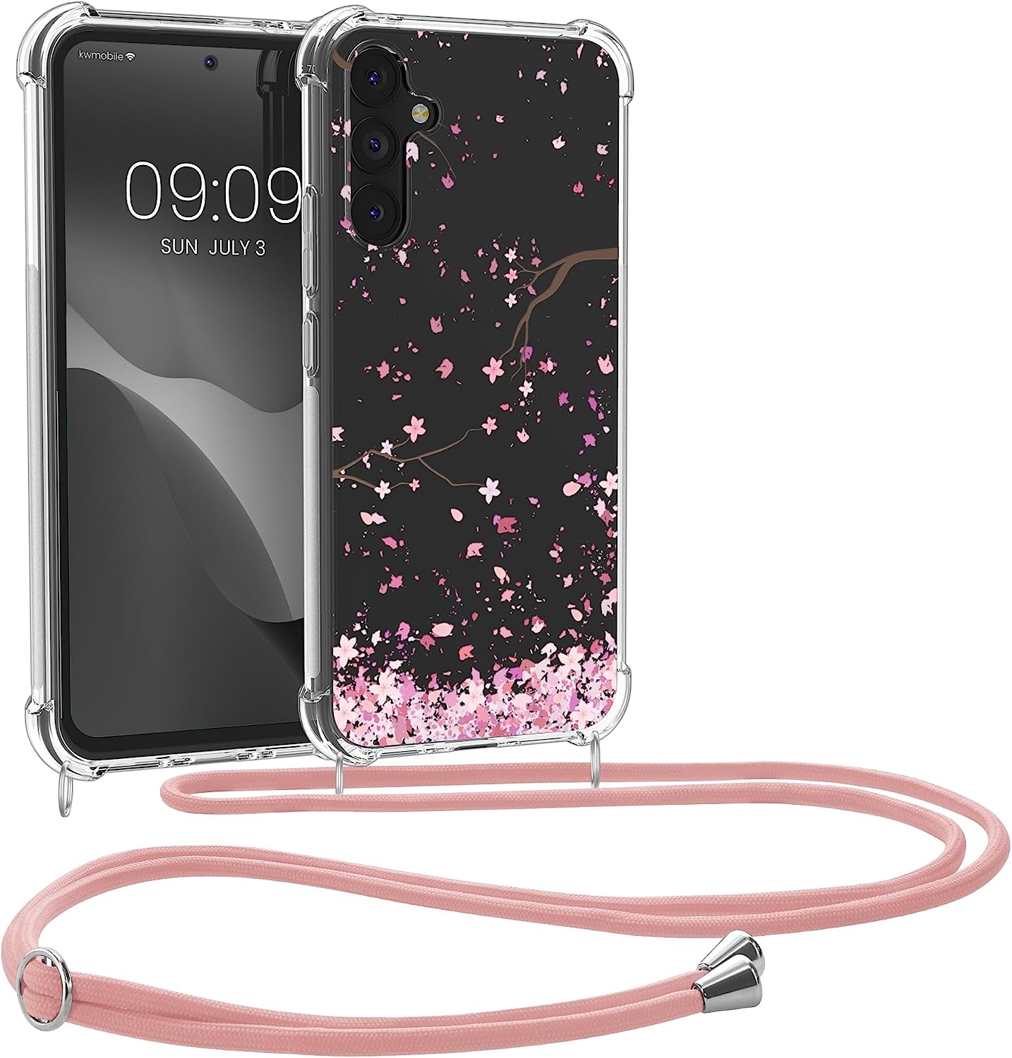 KW Samsung Galaxy A34 5G Θήκη Σιλικόνης TPU με Λουράκι - Design Cherry Blossoms - Pink / Dark Brown / Διάφανη - 61333.02