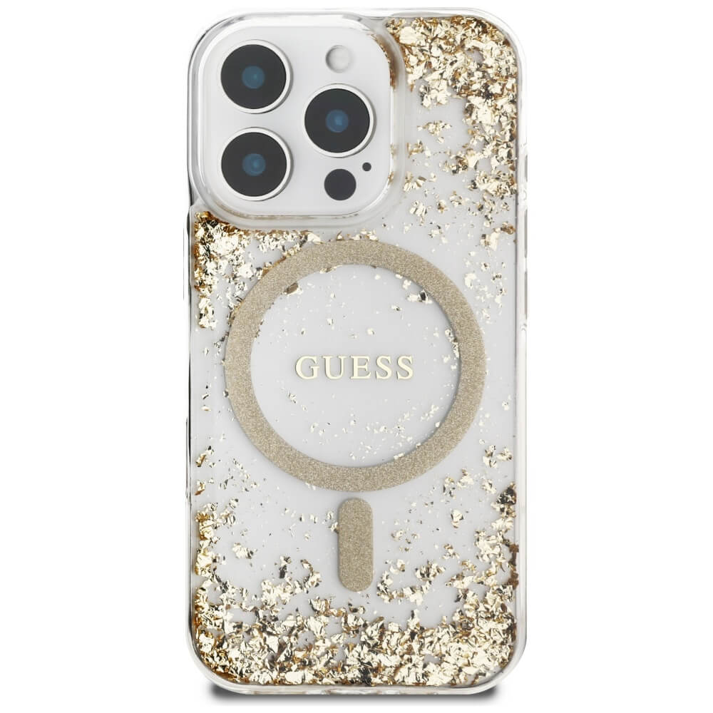 Guess iPhone 16 Pro Max - HC Resin Bottom Glitter - MagSafe Σκληρή Θήκη με Πλαίσιο Σιλικόνης - Gold - GUHMP16XRGRGED