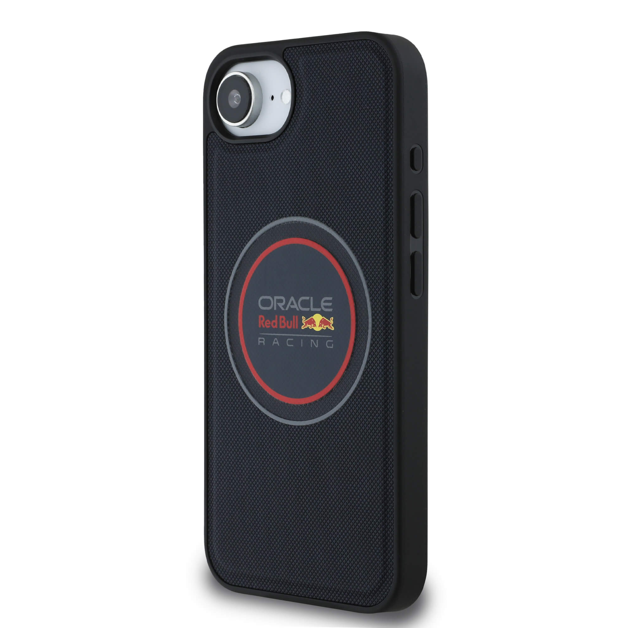 Red Bull iPhone 16e - Meshed Logo and Red Ring - MagSafe Σκληρή Θήκη με Επένδυση Συνθετικού Δέρματος και Πλαίσιο Σιλικόνης - Navy Blue - RBHMPSE424PUMEVR