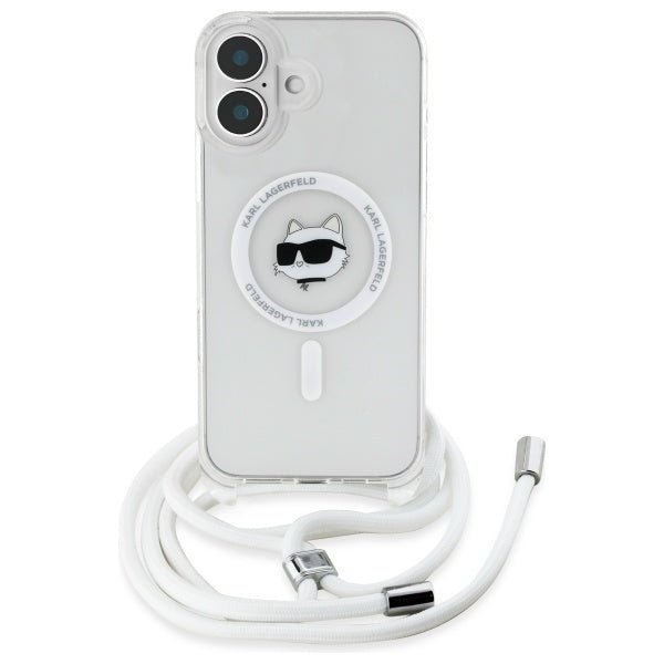 Karl Lagerfeld iPhone 16 - IML Choupette Head and Cord - MagSafe Σκληρή Θήκη με Πλαίσιο Σιλικόνης και Λουράκι - Διάφανη - KLHMP16SHCCHNT