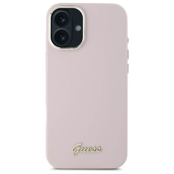 Guess iPhone 16 - Silicone Script Metal Logo and Frame - Σκληρή Θήκη με Πλαίσιο Σιλικόνης - Pink - GUHCP16SSMBSLP