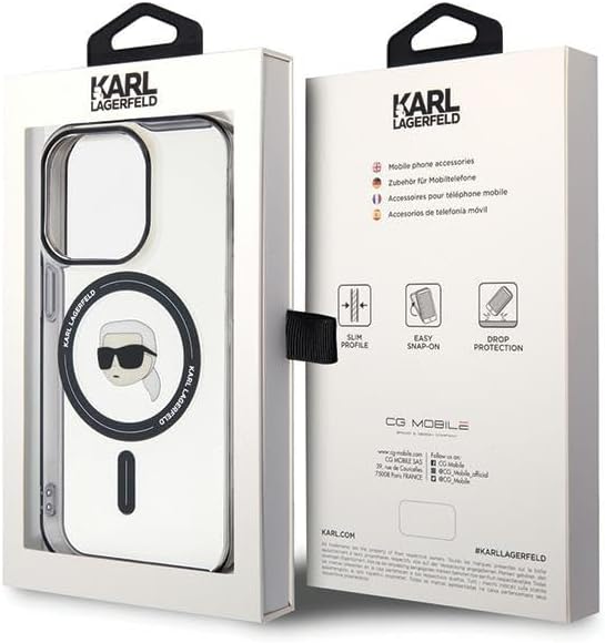 Karl Lagerfeld iPhone 15 Pro Max - IML Karl's Head MagSafe Σκληρή Θήκη με Πλαίσιο Σιλικόνης και MagSafe - Διάφανη / Black - KLHMP15XHKHNOTK