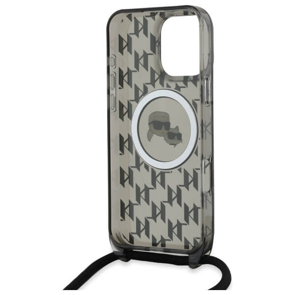 Karl Lagerfeld iPhone 16 Pro Max - IML Crossbody Monogram Karl and Choupette Head - MagSafe Σκληρή Θήκη με Πλαίσιο Σιλικόνης και Λουράκι - Black - KLHMP16XHCKCKLCK