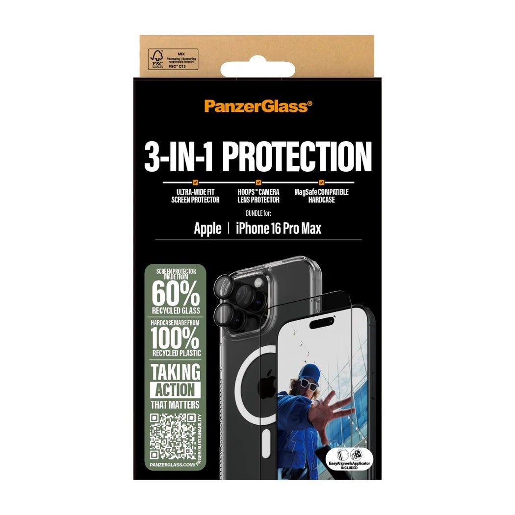 PanzerGlass iPhone 16 Pro Max - Σετ με 1 Αντιχαρακτικό Γυαλί Οθόνης Ultra - Wide Fit, 1 Αντιχαρακτικό Γυαλί για την Κάμερα και 1 Σκληρή Θήκη με MagSafe - Διάφανο