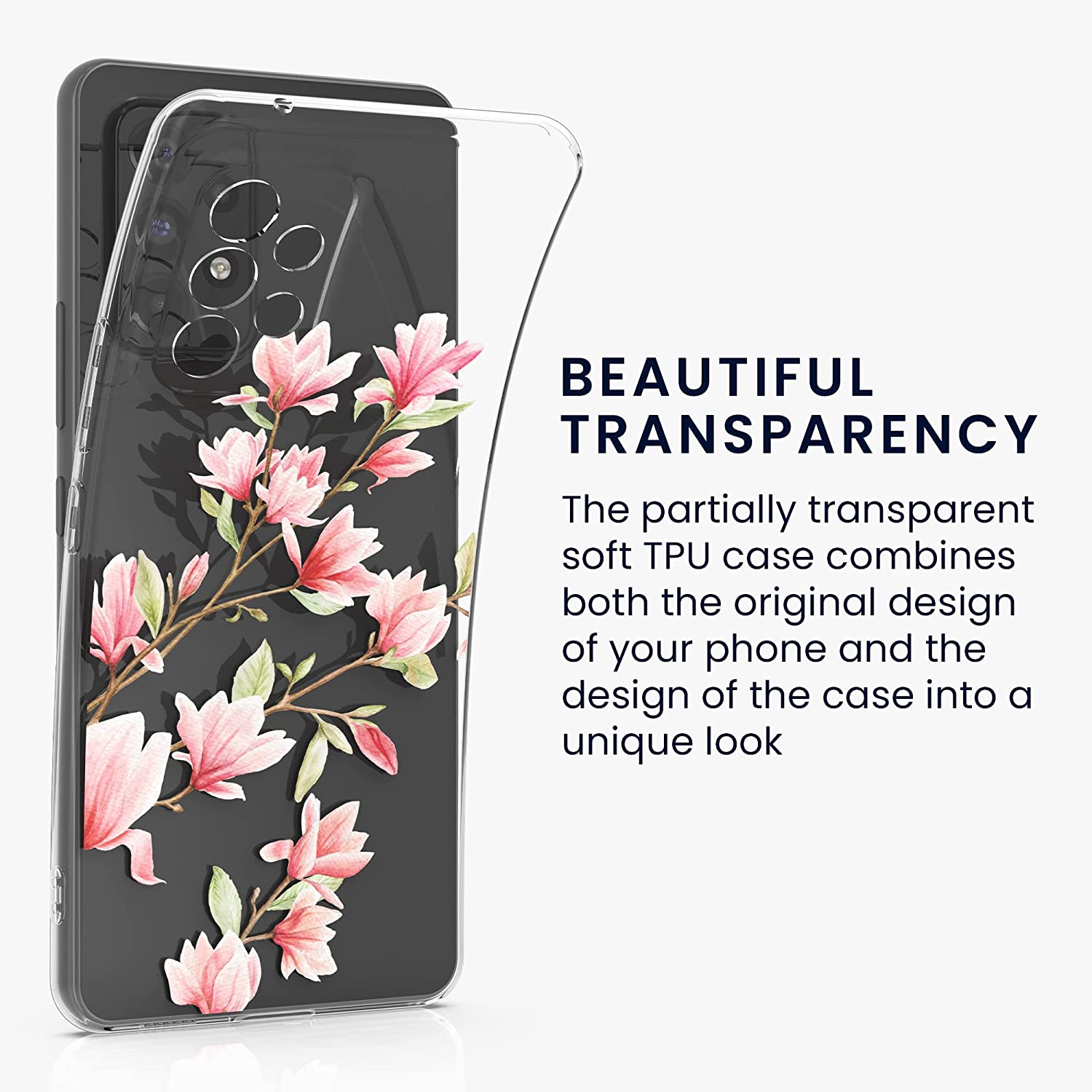 KW Samsung Galaxy A53 5G Θήκη Σιλικόνης TPU Design Magnolias - Pink / White - Διάφανη - 58384.01