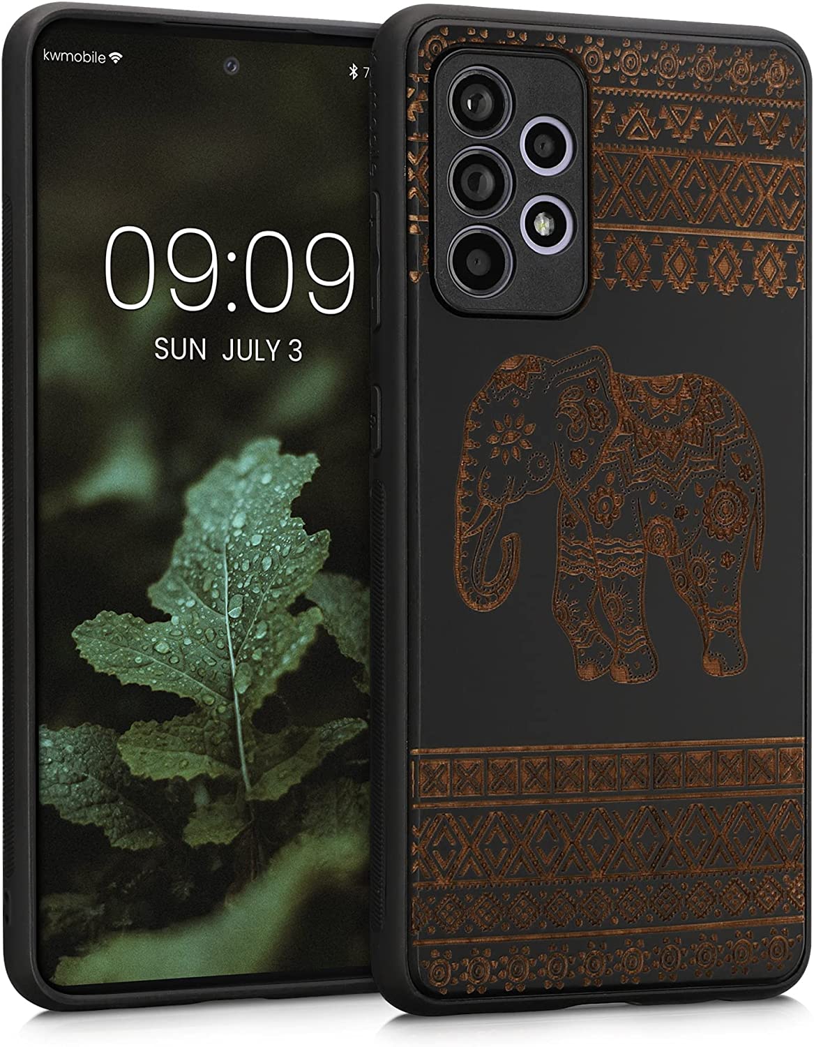 KW Samsung Galaxy A52 / A52 5G / A52s 5G Θήκη από Φυσικό Ξύλο - Design Wooden Elephant with Pattern - Light Brown / Black - 54354.10