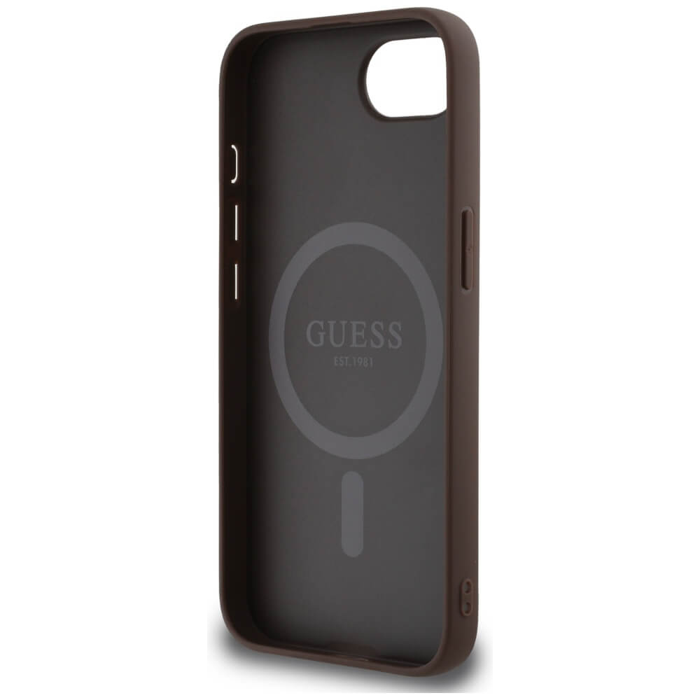 Guess iPhone 16e - 4G Ring Classic Logo - MagSafe Θήκη με Επένδυση Συνθετικού Δέρματος - Brown - GUHMPSE4G4GFRW