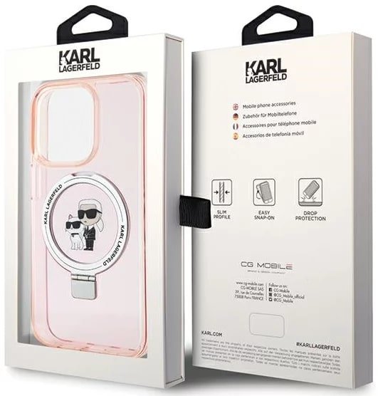 Karl Lagerfeld iPhone 15 Pro Max Ring Stand Karl and Choupette MagSafe Σκληρή Θήκη με Πλαίσιο Σιλικόνης και MagSafe - Διάφανη / Pink - KLHMP15XHMRSKCP