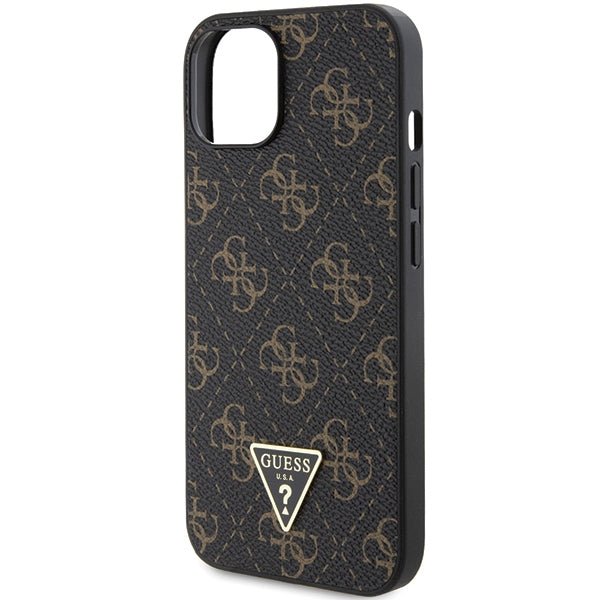 Guess iPhone 15 Plus - 4G Triangle Metal Logo Σκληρή Θήκη με Επένδυση Συνθετικού Δέρματος και Πλαίσιο Σιλικόνης - Black - GUHCP15MPG4GPK
