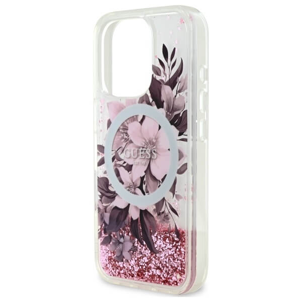 Guess iPhone 16 Pro Max - Liquid Glitter Flower - MagSafe Σκληρή Θήκη με Πλαίσιο Σιλικόνης - Διάφανη - GUHMP16XLFMWTP