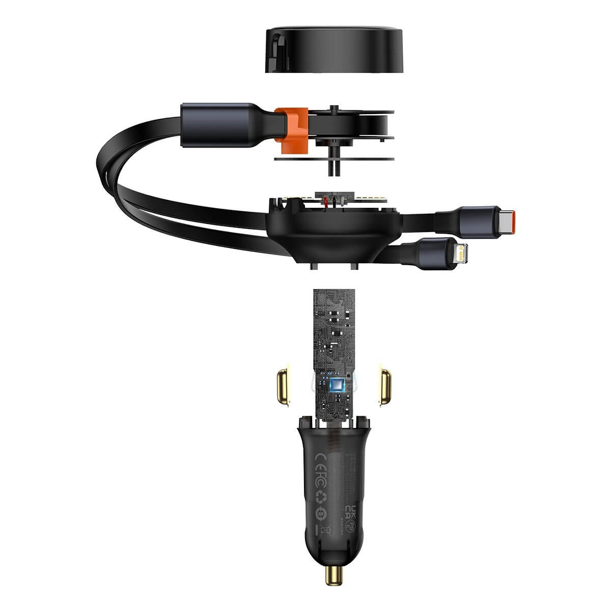 Baseus Enjoyment Retractable 2 - in - 1 Fast Car Charger Φορτιστής Αυτοκινήτου με Ενσωματωμένα Καλώδια Lightning και Type - C 30W - Black - CGTX000001