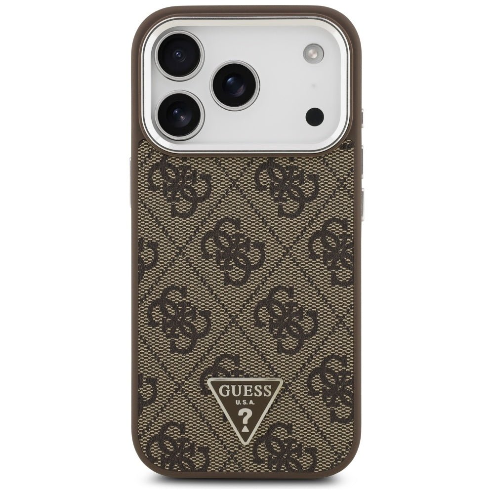 Guess iPhone 17 Pro - 4G Triangle Logo MagSafe - Σκληρή Θήκη με Πλαίσιο Σιλικόνης και Επένδυση Συνθετικού Δέρματος - Brown / Silver - GUHMP17LP4TSRCMW