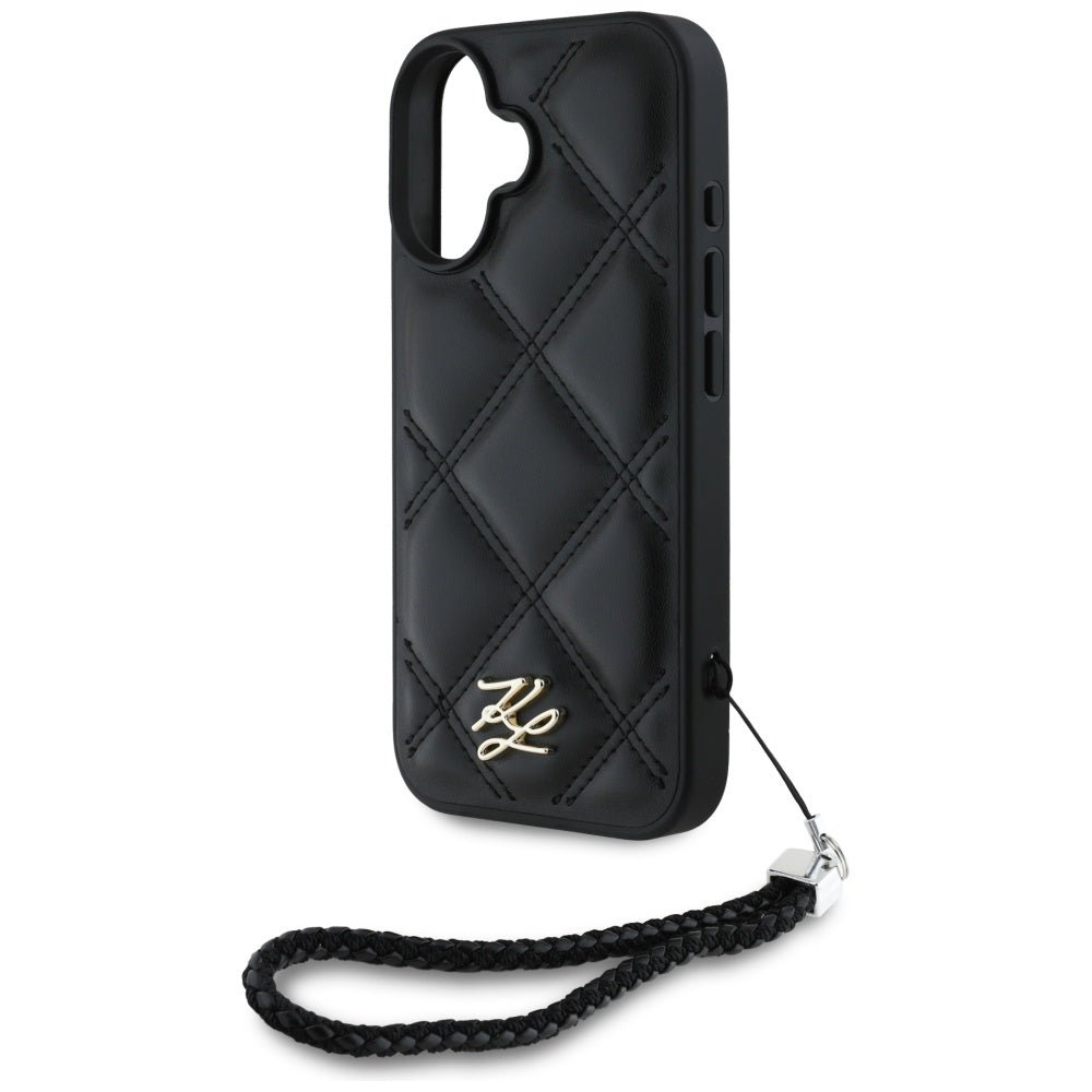 Karl Lagerfeld iPhone 16 - Quilted Initial Logo and Chain Strap - Θήκη με Επένδυση Συνθετικού Δέρματος και Λουράκι - Black - KLHCP16SPSQSKLSMSK