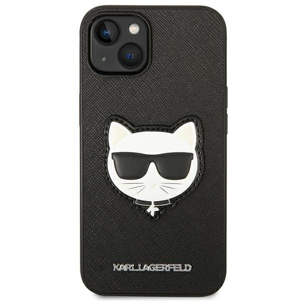 Karl Lagerfeld iPhone 14 - Saffiano Choupette Head Patch Σκληρή Θήκη με Επένδυση Συνθετικού Δέρματος και Πλαίσιο Σιλικόνης - Black - KLHCP14SSAPCHK