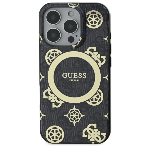 Guess iPhone 16 Pro - IML Peony On 4G Background MagSafe - Θήκη με Επένδυση Συνθετικού Δέρματος - Black - GUHMP16LH4PYEEK