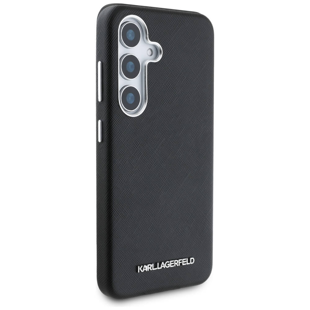 Karl Lagerfeld Samsung Galaxy S25 - Saffiano Full Wrapped Elongated Metal Logo - MagSafe Σκληρή Θήκη με Επένδυση Συνθετικού Δέρματος και Πλαίσιο Σιλικόνης - Black - KLHMS25SPSAFWMCK