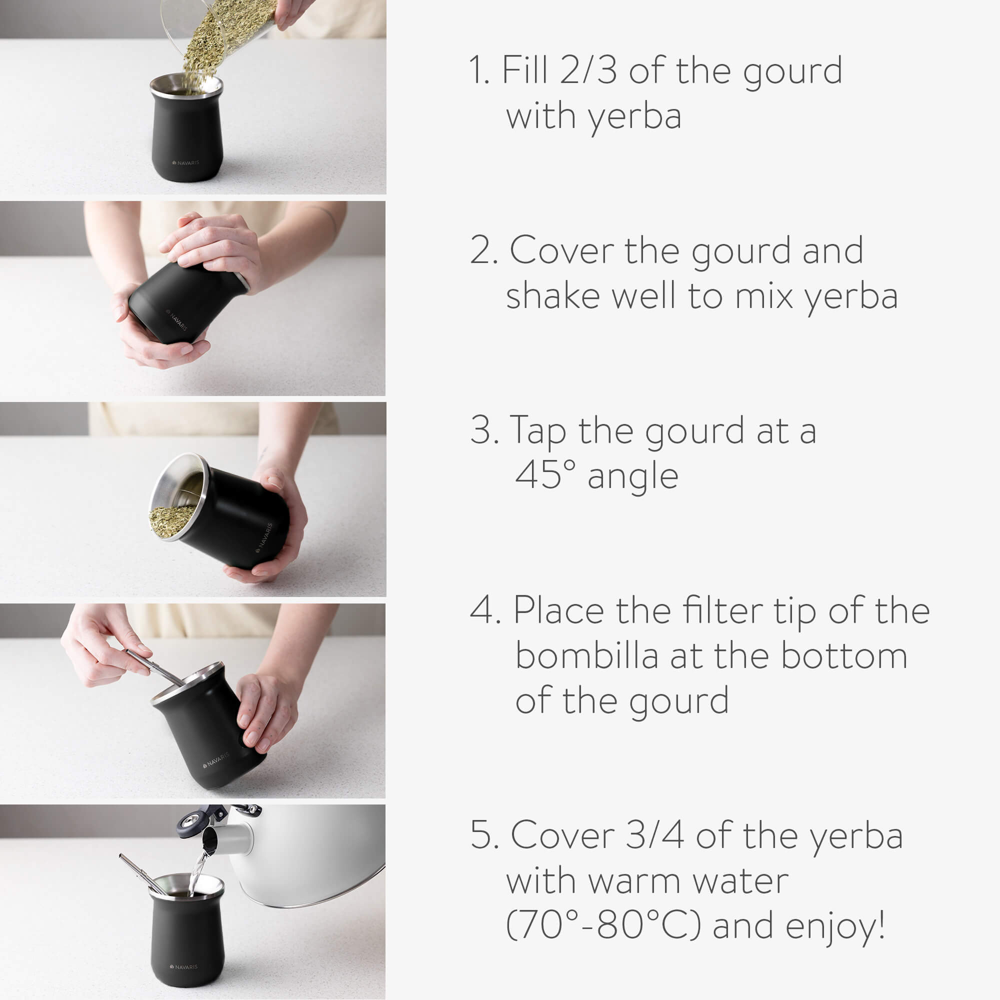 Navaris Σετ με Κούπα και Καλαμάκι Bombilla για Τσάι Yerba Mate - Black - 54274.01.01