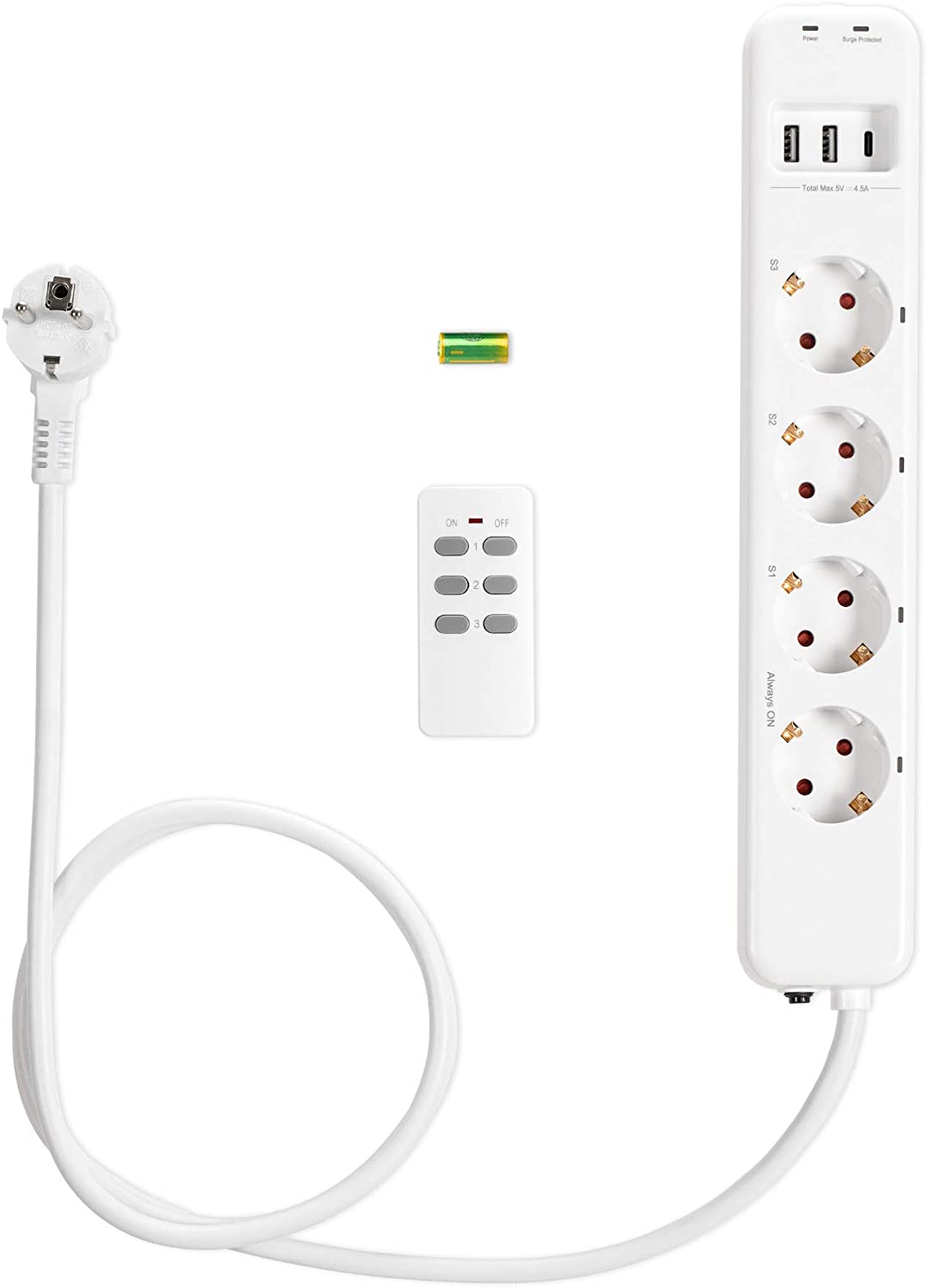 Navaris Πολύπριζο με Τηλεχειριστήριο με 4 Πρίζες, 2 Θύρες USB και 1 Θύρα Type - C - White - 53169.02