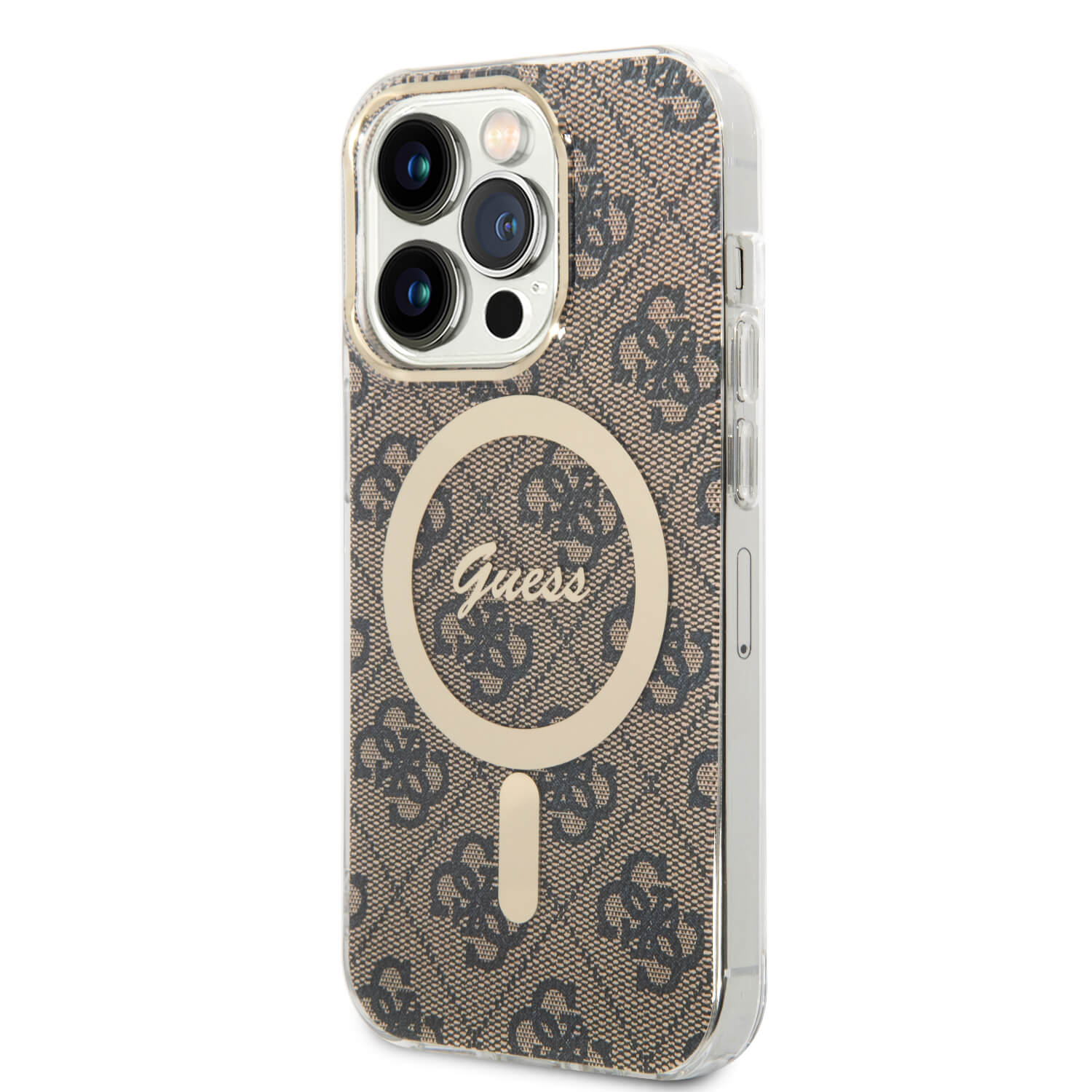 Guess iPhone 14 Pro - Bundle Pack MagSafe - Σετ Σκληρή Θήκη με Πλαίσιο Σιλικόνης και Ασύρματος Φορτιστής MagSafe - Design 4G and Gold - Brown - GUBPP14LH4EACSW