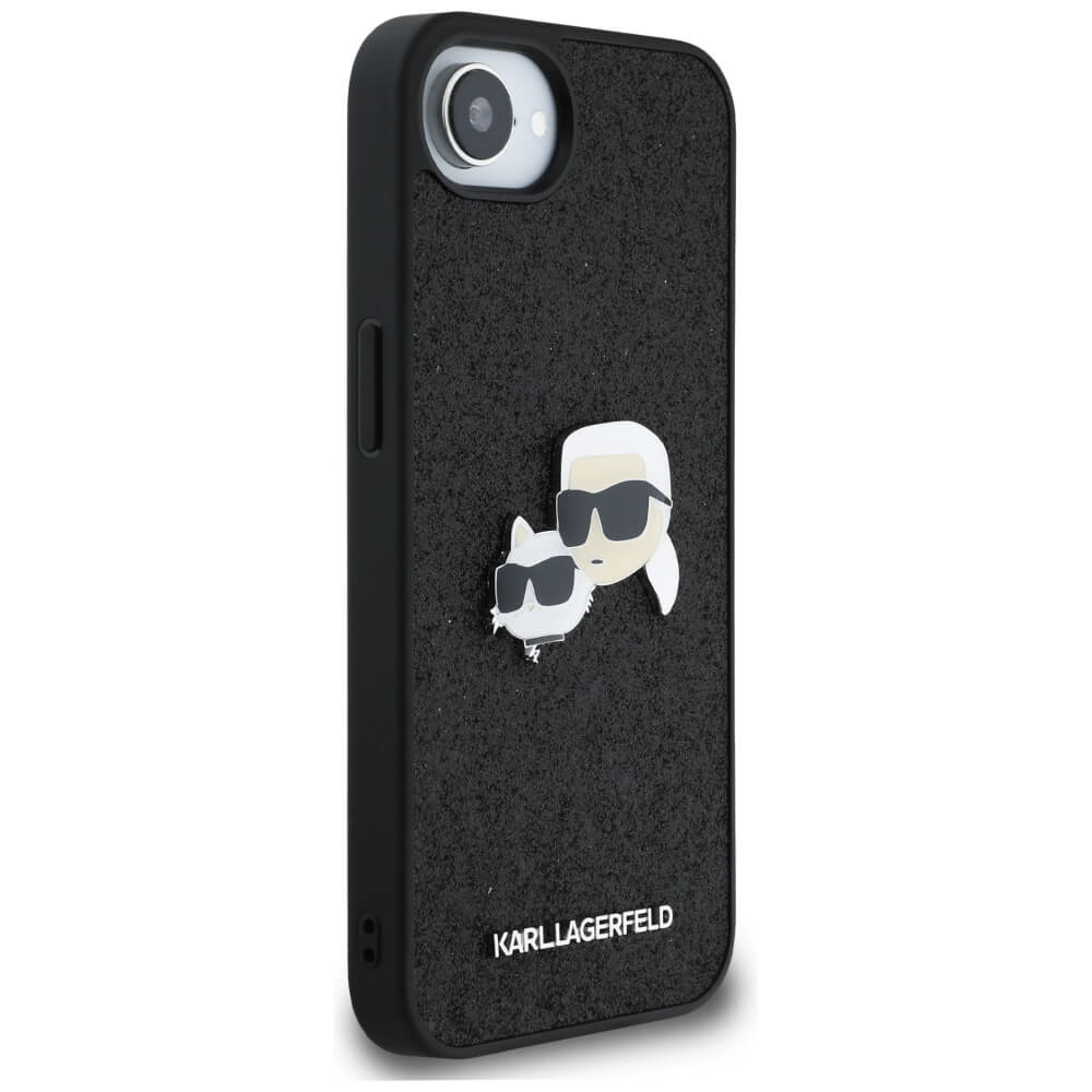 Karl Lagerfeld iPhone 16e - Fixed Glitter Karl and Choupette Heads Metal Pin - Σκληρή Θήκη με Πλαίσιο Σιλικόνης - Black - KLHCPSE4PFGKCPK