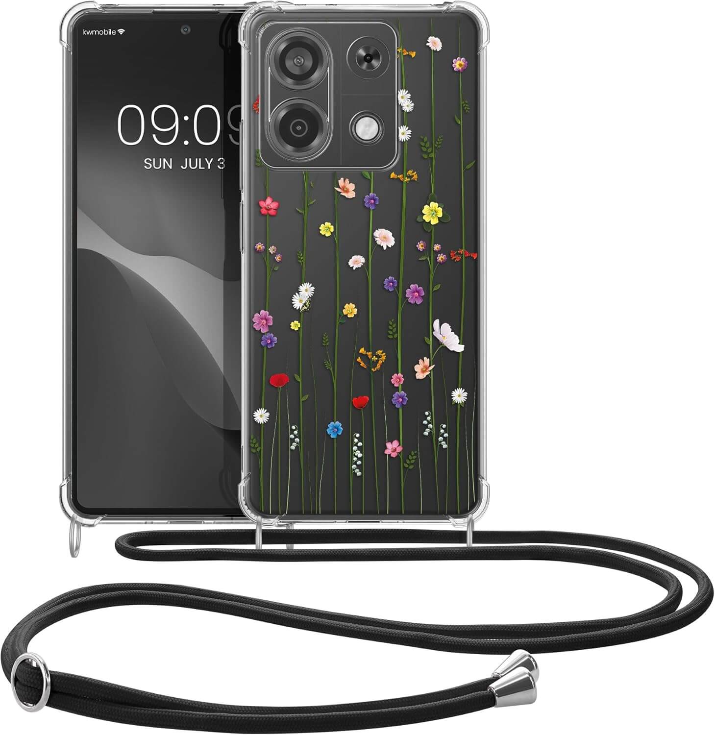 KW Xiaomi Redmi Note 13 Pro 5G / Poco X6 5G Θήκη Σιλικόνης TPU με Λουράκι - Design Wild Flowers - Multicolor / Διάφανη