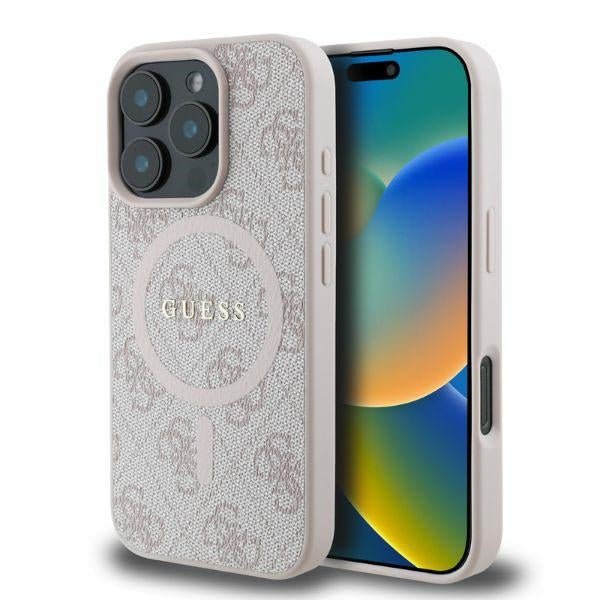 Guess iPhone 16 Pro Max - 4G Ring Classic Logo - MagSafe Θήκη με Επένδυση Συνθετικού Δέρματος - Pink - GUHMP16XG4GFRP