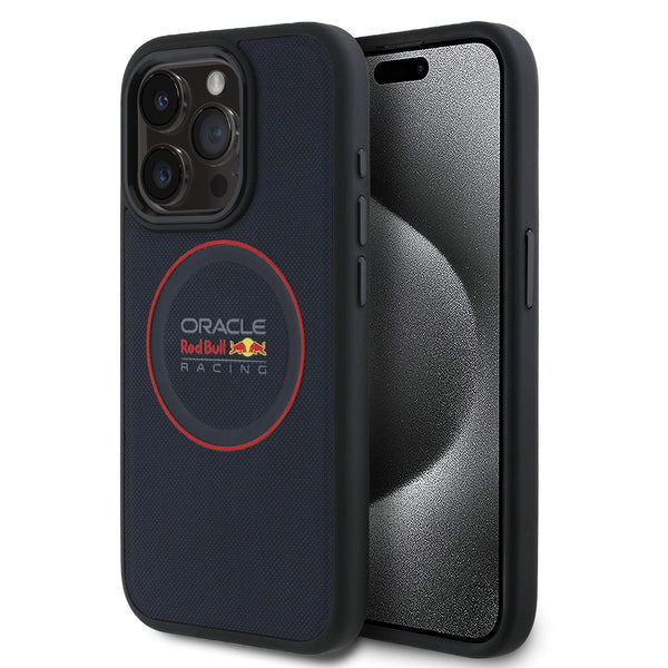 Red Bull iPhone 15 Pro - Leather Red Ring - MagSafe Σκληρή Θήκη με Επένδυση Συνθετικού Δέρματος και Πλαίσιο Σιλικόνης - Navy - RBHMP15L24PUILVR