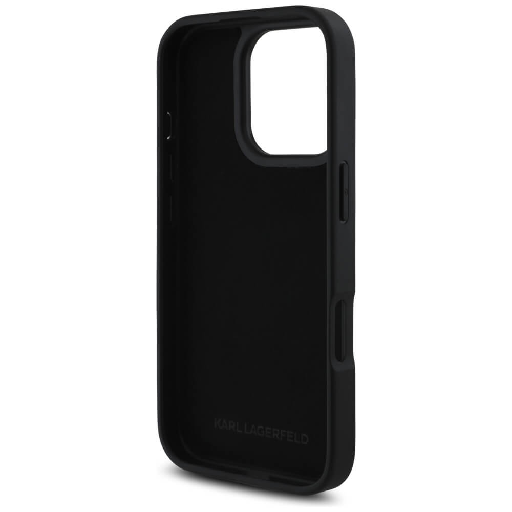Karl Lagerfeld iPhone 16 Pro - HC Grained PU Cardslot Metal Elong - Σκληρή Θήκη με Επένδυση Συνθετικού Δέρματος και Υποδοχή για Κάρτες - Black - KLHCP16LPKHPORPK