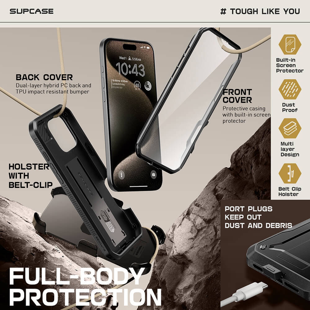 Supcase iPhone 16 Pro Unicorn Beetle Pro Σκληρή Θήκη με Προστασία Οθόνης και Stand - Black