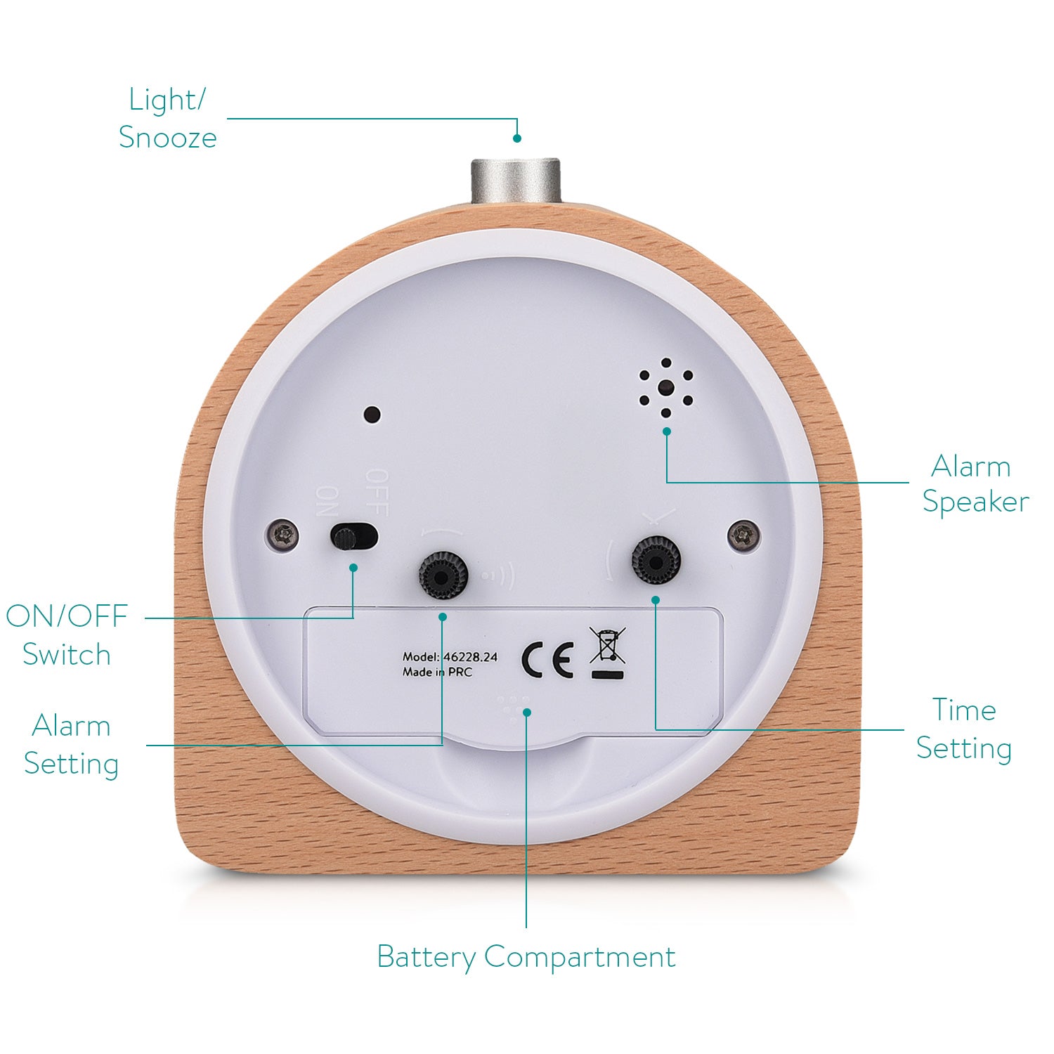 Navaris Analogue Wood Alarm Clock Design Half Round - Αναλογικό Επιτραπέζιο Ρολόι και Ξυπνητήρι - Gold / Light Brown - 46228.24