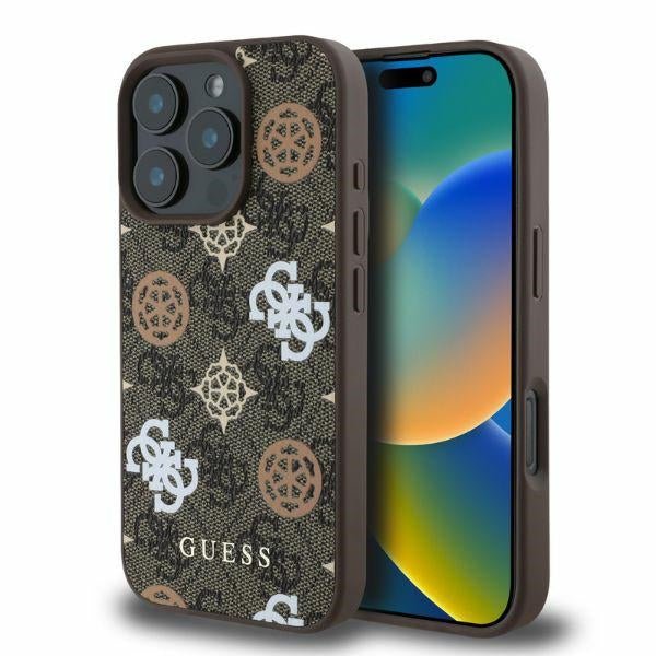 Guess iPhone 16 Pro Max - Peony On 4G Background - MagSafe Θήκη με Επένδυση Συνθετικού Δέρματος - Brown - GUHMP16XP4PWPW