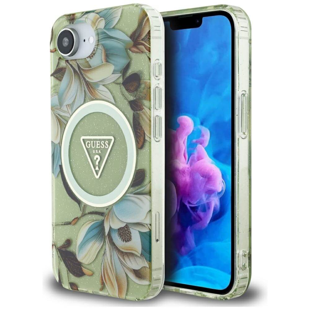 Guess iPhone 16e - IML Metal Glitter Flowers Triangle MagSafe - Σκληρή Θήκη με Πλαίσιο Σιλικόνης και MagSafe - Green - GUHMPSE4HFLPEDN