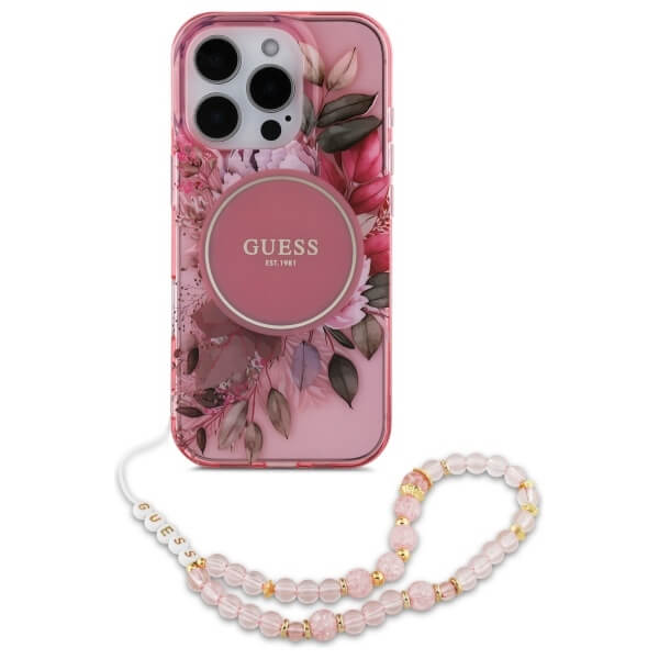 Guess iPhone 16 Pro - IML Flowers With Pearl Strap MagSafe - Σκληρή Θήκη με Πλαίσιο Σιλικόνης και Λουράκι - Pink - GUHMP16LHFWBRCESP