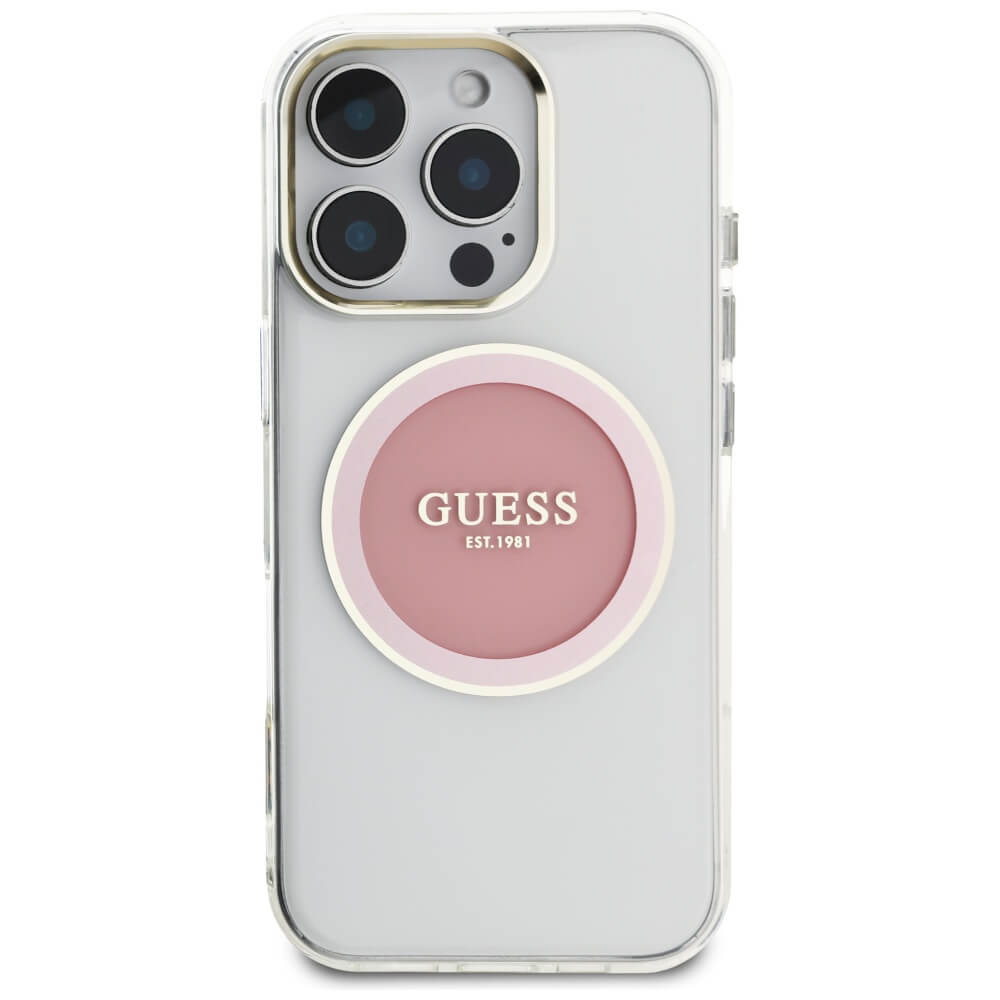 Guess iPhone 16 Pro Max IML Metal Colored Circle Classic Logo MagSafe Σκληρή Θήκη με Πλαίσιο Σιλικόνης και MagSafe - Pink - GUHMP16XHTDRCEDP